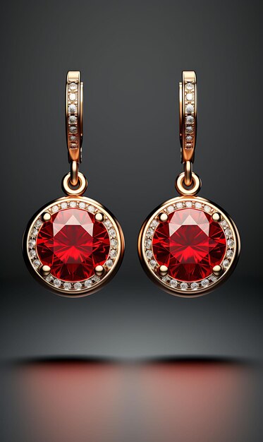 Isolato di orecchini pendenti con cerchio di rubini, gemme di rubino rotonde in oro rosso appese al concetto creativo di design F