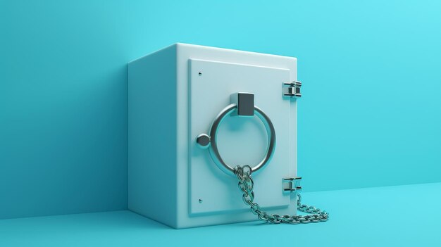 Isolato su sfondo blu cassetta di sicurezza bancaria chiusa a catene concetto di protezione dei risparmi