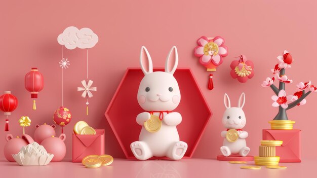 Isolato su uno sfondo rosa, un set di conigli per il Capodanno cinese 3D include lingotti d'oro, monete, pini giapponesi, buste rosse, nuvole, conigli con monete, conigli with red envelopes e scatole esagonali.