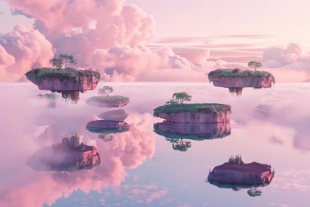 Isole galleggianti surreali in un cielo rosa.