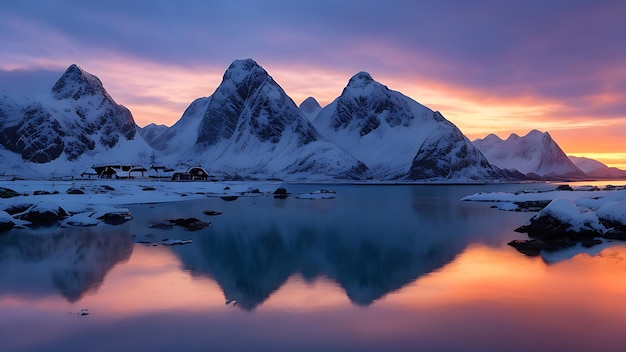 Isole Lofoten Norvegia Reine Lofoten Tramonto Montagna Inverno Neve Mare Acqua Riflessione Natura