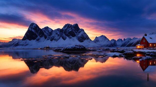 Isole Lofoten Norvegia Reine Lofoten Tramonto Montagna Inverno Neve Mare Acqua Riflessione Natura