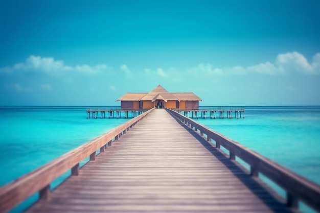 Isole Maldive un molo di legno in cima al mare turchese che conduce a una capanna paradisiaca in cima a un molo