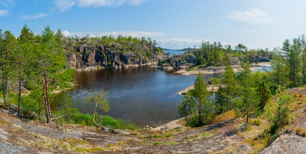 Isole nel lago Ladoga. Bellissimo paesaggio - acqua, pini e massi.