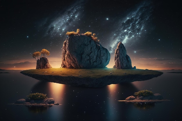 Isole rocciose volanti nel paesaggio del cielo notturno Ai art