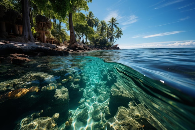 Isole tropicali e coralli sottomarini divisi dalla linea d'acqua del mare dei Caraibi Foto di alta qualità