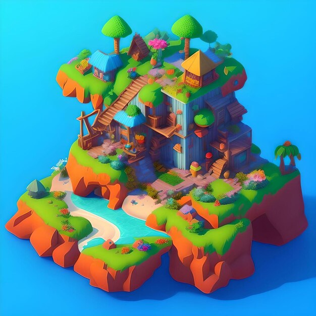 isometric cut island gamestyle low poly asset map con case