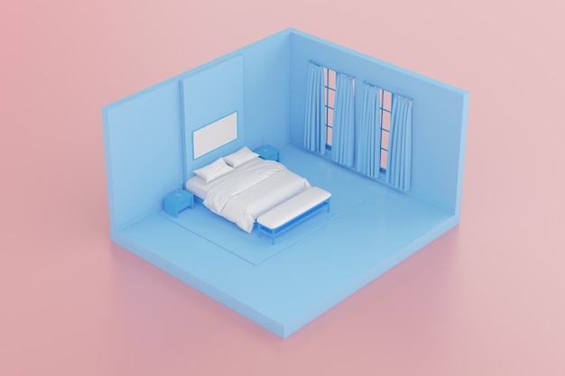 Isometrica della camera da letto con lenzuolo bianco, cornice e tavolino isolato su sfondo rosa. rendering 3D.