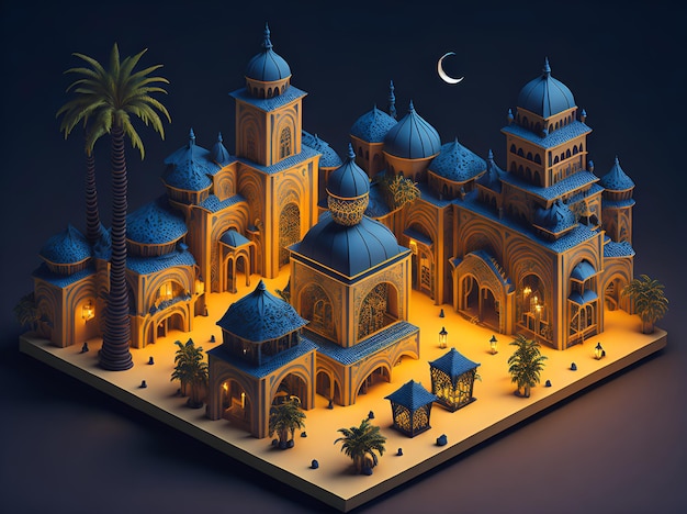 Isometrico dei villaggi e delle città arabe per l'illustrazione musulmana del fondo di giorno di celebrazione