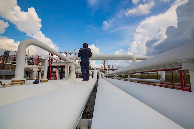 Ispezione del lavoratore maschio a tubi lunghi in acciaio e gomito del tubo nella fabbrica di petrolio della stazione durante la valvola di raffineria del controllo visivo dell'industria petrolifera e del gas della conduttura.