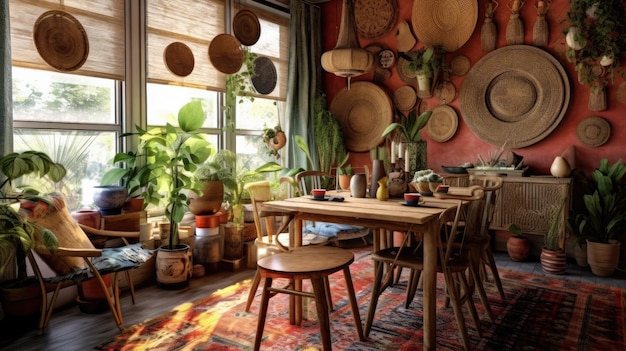 Ispirazione al design d'interni in stile boemo eclettico, sala da pranzo decorata con materiale di rattan e cotone e tappeto.
