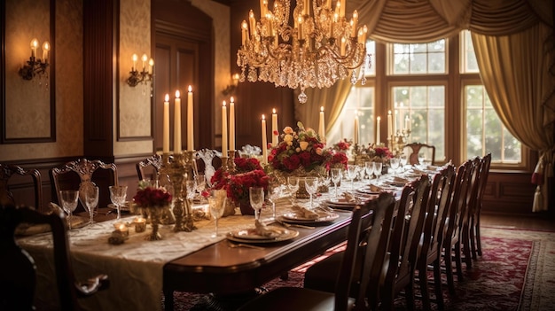 Ispirazione al design d'interno in stile classico tradizionale, sala da pranzo decorata con materiale in legno e seta e lampadario