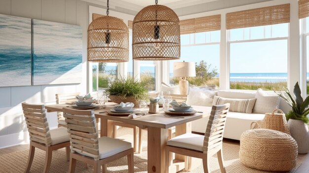 Ispirazione al design d'interno in stile Coastal Beachy, sala da pranzo decorata con materiale in legno e rattan e illuminazione generativa.