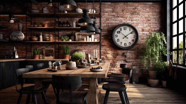 Ispirazione al design d'interno in stile industriale rustico, sala da pranzo decorata con materiale in metallo e legno e parete di mattoni esposti, design d'interni generativo per la casa AI