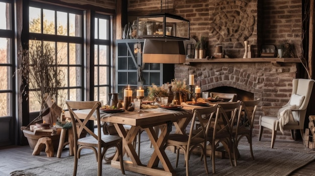 Ispirazione al design d'interno in stile rustico industriale, sala da pranzo decorata con materiale in mattoni e metallo e camino, design d'interni generativo AI