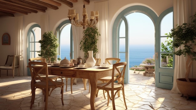 Ispirazione per il design degli interni della bellezza della sala da pranzo domestica in stile costiero mediterraneo, decorata con materiali in legno e rattan e design degli interni domestici con intelligenza artificiale generativa con vista sul mare