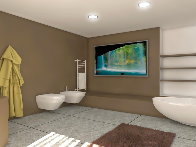 ispirazione per il rendering 3d dell'interior design del bagno moderno unico