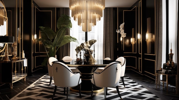 Ispirazione per l'interior design dell'Art Deco Stile glamour della sala da pranzo decorata con materiale in marmo e ottone e lampadario Design interno generativo della casa AI