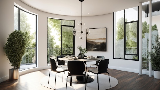 Ispirazione per l'interior design della bellezza della sala da pranzo domestica in stile minimalista moderno decorata con materiale in metallo e vetro e illuminazione scultorea Generative AI home interior design