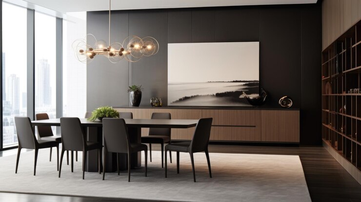 Foto ispirazione per l'interior design della bellezza della sala da pranzo domestica in stile moderno e minimale, decorata con materiale in legno e vetro e lampadario. design d'interni per la casa con intelligenza artificiale generativa