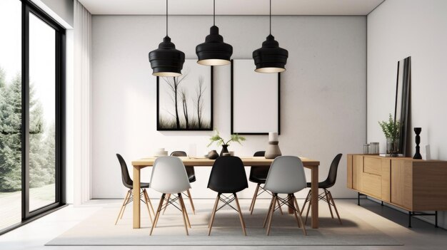 Ispirazione per l'interior design della sala da pranzo casalinga in stile minimalista scandinavo, decorata con materiali in legno e cemento e lampada a sospensione Generative AI home interior design