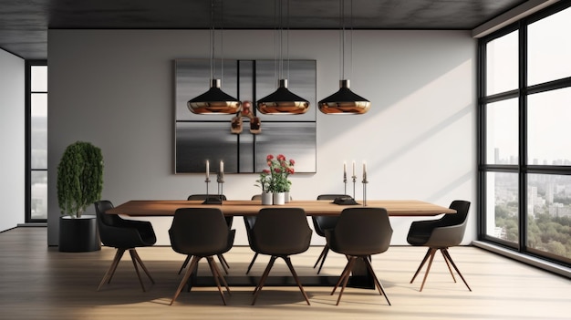 Ispirazione per l'interior design della sala da pranzo domestica in stile minimalista moderno MidCentury, decorata con materiale in legno e acciaio e lampada a sospensione Generative AI home interior design