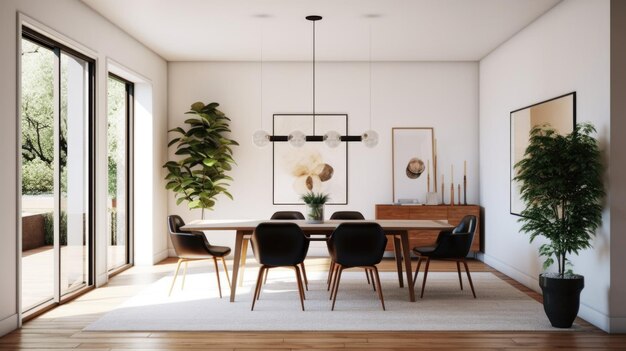 Ispirazione per l'interior design della sala da pranzo domestica in stile scandinavo moderno MidCentury, decorata con materiali in legno e pelle e lampadario di tendenza. Design d'interni per la casa con intelligenza artificiale generativa