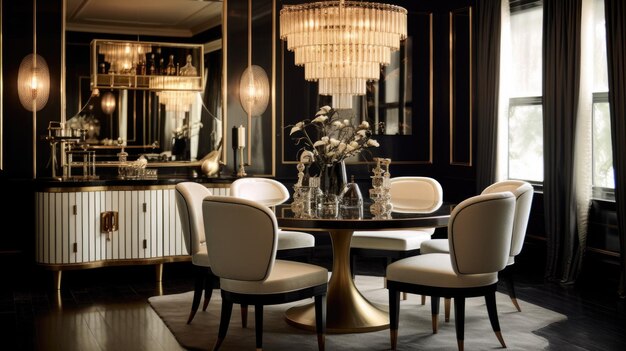 Ispirazione per l'interior design in stile Art Deco Glam casa sala da pranzo bellezza decorata con ottone e velluto materiale e lampadario Generative AI home interior design