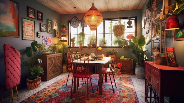 Ispirazione per l'interior design in stile boemo eclettico, sala da pranzo decorata con piastrelle marocchine e sedie non abbinate, materiale e parete della galleria.