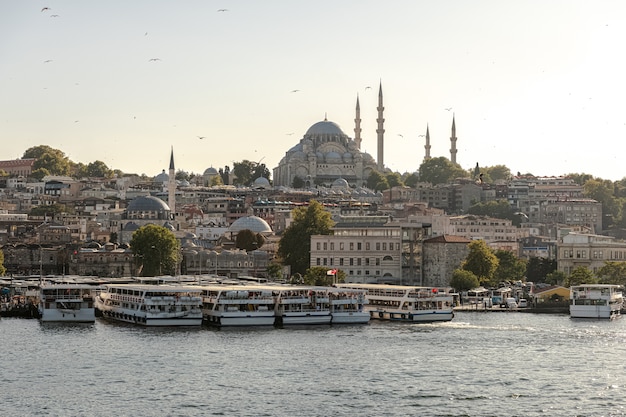 Istanbul in serata. Vista dal ponte di Galata a Eminonu e alla Moschea Suleymaniye (moschea imperiale ottomana). Tacchino.