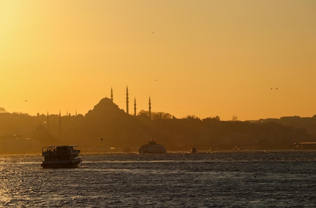 Istanbul - Turchia, Moschea silhouette in vista mare al tramonto