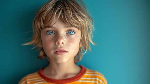 Istantanea di un ragazzo con un bowl cut su uno sfondo di zaffiro AI generativa