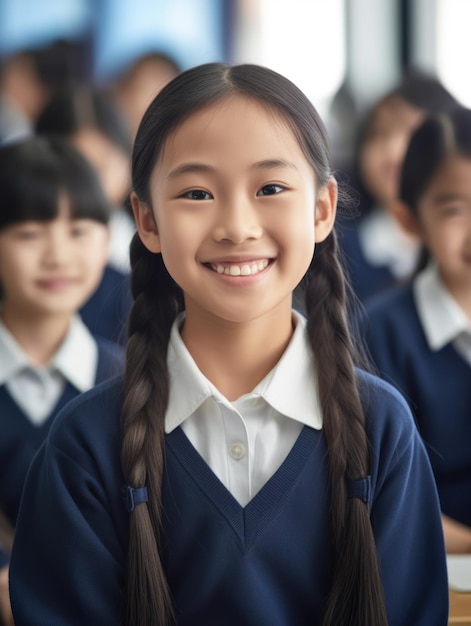 Istruzione delle ragazze asiatiche La bella ragazza asiatica felice sta sorridendo