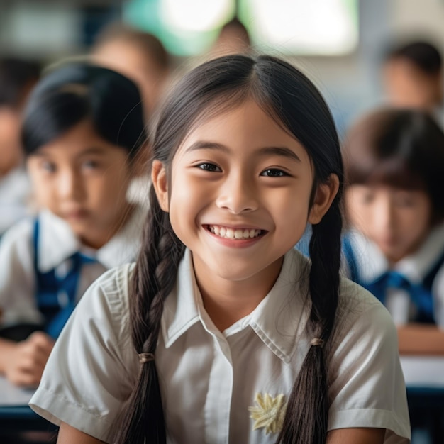 Istruzione delle ragazze asiatiche La bella ragazza asiatica felice sta sorridendo