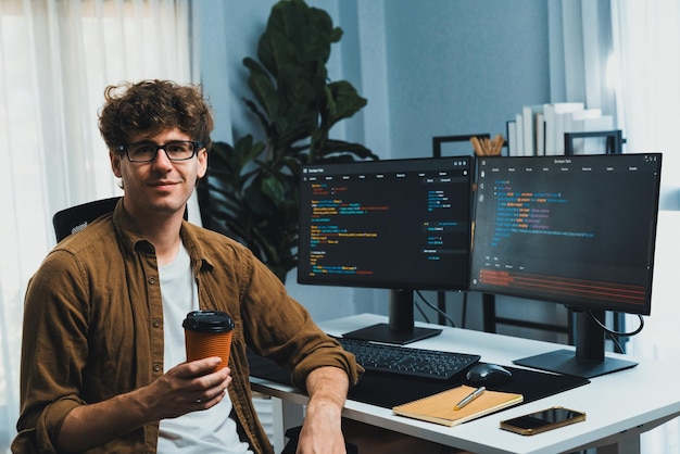 IT developer looking at camera and holding coffee cup Gusher