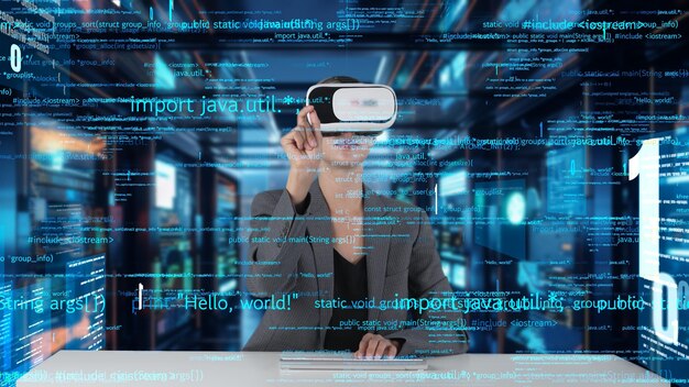 it developer typing computer code for analyzing intelligent by vr contraption