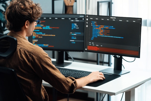 It developer working online software development coding on pc screens gusher