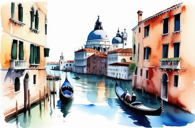 Italia carta postale di viaggio concetto acquerello illustrazione di canali d'acqua con gondole a Venezia