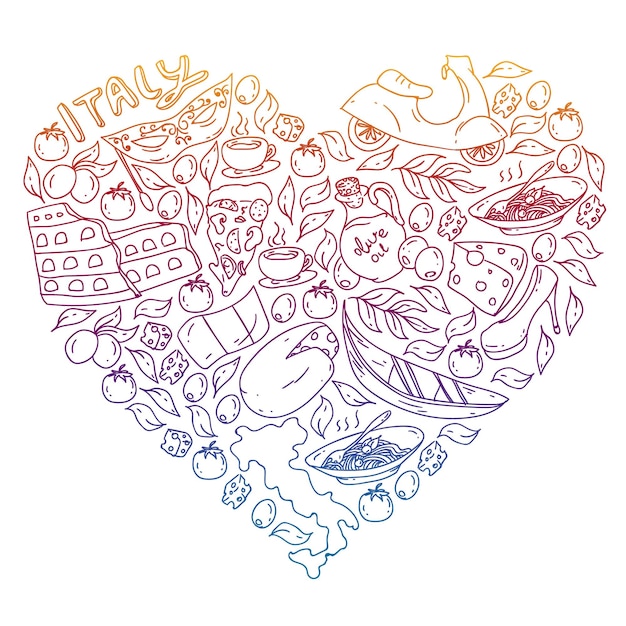 Italia elementi vettoriali e icone modello Doodle con città di cultura italiana Roma Venezia Milano formaggio vino