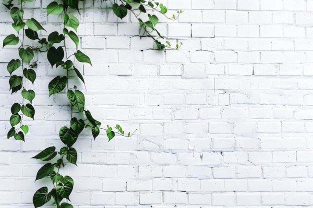 Ivy verde sullo sfondo di una parete di mattoni bianchi con spazio di copia per il testo