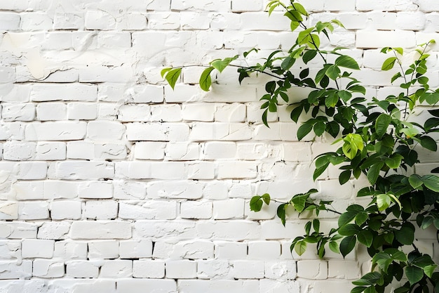 Ivy verde sullo sfondo di una parete di mattoni bianchi con spazio di copia per il testo