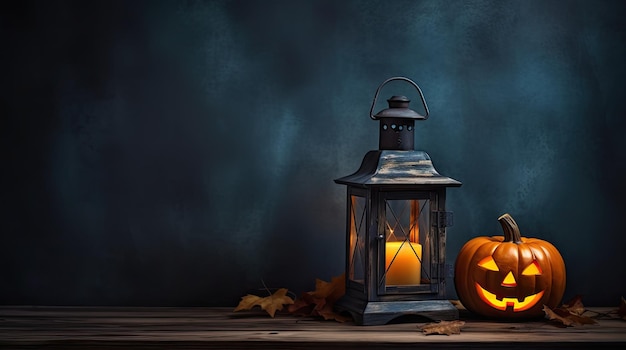 Jack lanterna sul tavolo notte di Halloween candele accese sfondo di Halloween