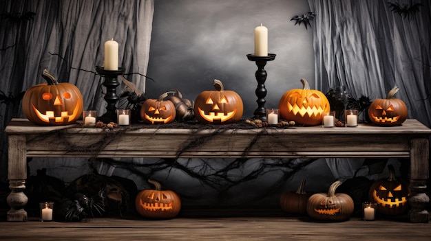 Jack lanterna sul tavolo notte di Halloween candele accese sfondo di Halloween