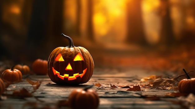 Jack o lantern Sfondo simbolo di Halloween Zucche su tavola di legno Ia generativa