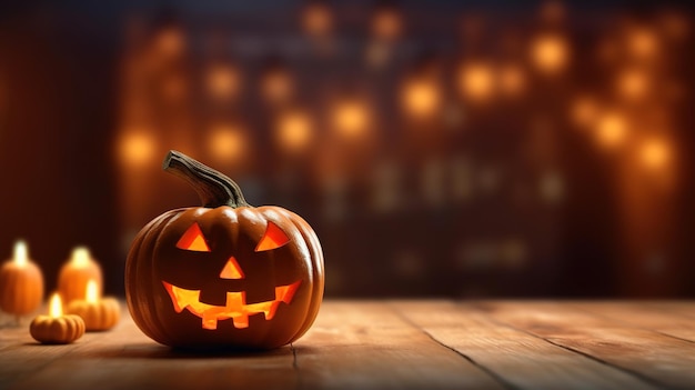 Jack o lantern Sfondo simbolo di Halloween Zucche su tavola di legno Ia generativa