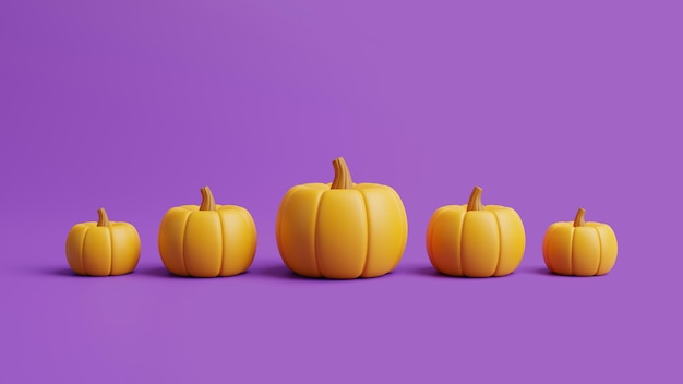 Jack o Lantern zucche allineate su sfondo viola Happy Halloween concetto 3d render illustration