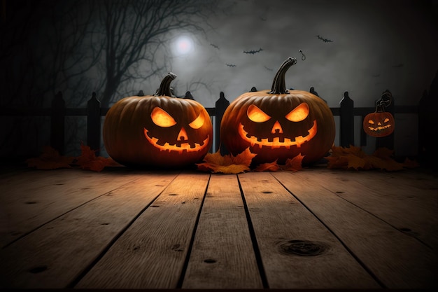 Jack o lanterna delle zucche di Halloween su uno spazio della copia del fondo di legno