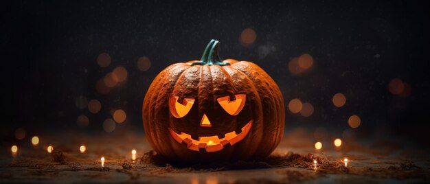 Jack o lanterna di zucca di Halloween arancione brillante scolpito su sfondo nero con spazio per la copia