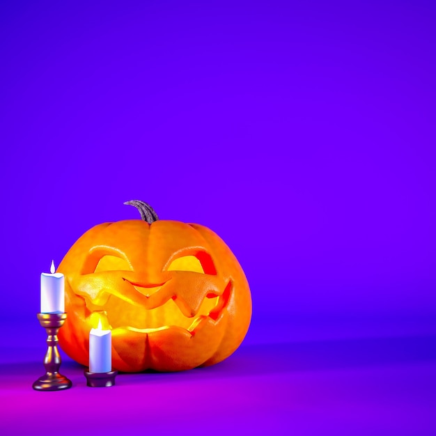 Jack o lanterna e candele su sfondo viola di Halloween con spazio di copia