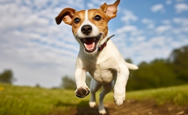 Jack Russel Parson cane corre verso la telecamera Inquadratura dal basso ad alta velocità